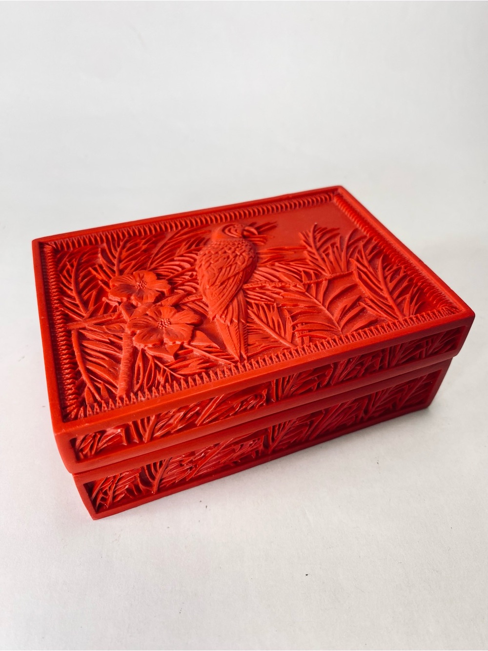 Chinese Style Red Cinnabar Lacquer Decorative Trinket or Jewelry Box Bird Parrot